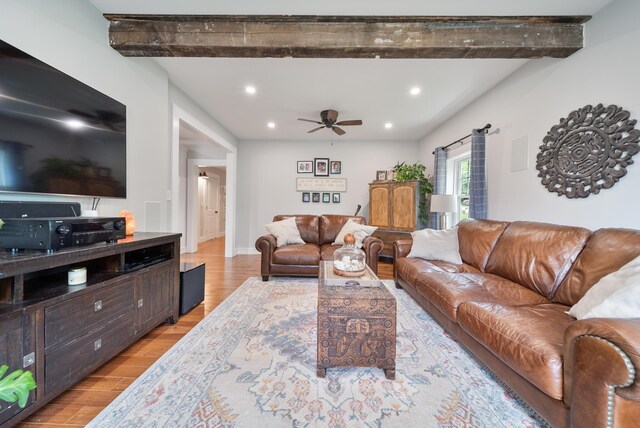 218 Manchester St, Nashua, NH 03064 - living area with light wood-type flooring, recessed lighting, ceiling fan, and beam ceiling