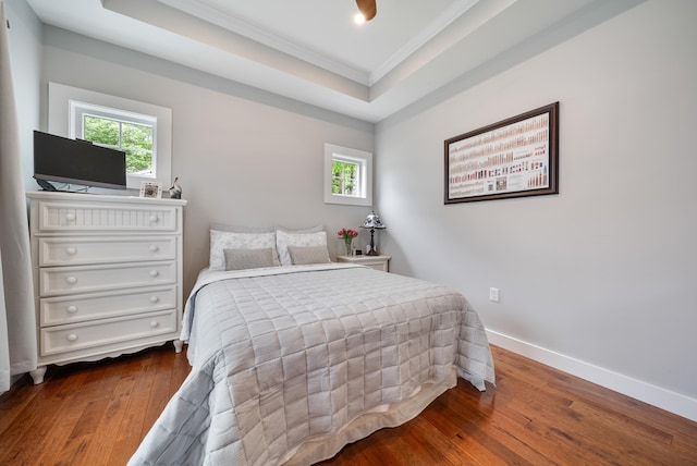 218 Manchester St, Nashua, NH 03064 - bedroom featuring ornamental molding, multiple windows, wood-type flooring, baseboards, and a raised ceiling
