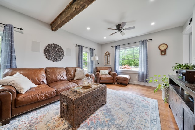 218 Manchester St, Nashua, NH 03064 - living area with light wood finished floors, ceiling fan, recessed lighting, beamed ceiling, and baseboards