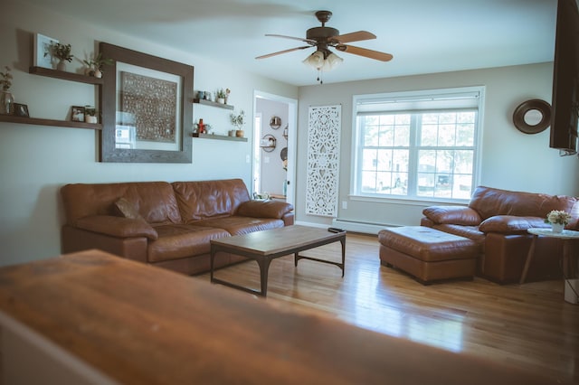 7 Plum St, Concord, NH 03301 - living room with a baseboard radiator, wood finished floors, and a ceiling fan