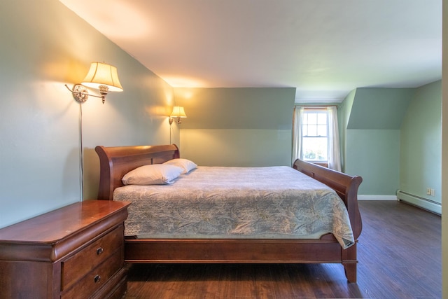 2147 Vt Route 111, Derby, VT 05829 - bedroom with a baseboard heating unit, dark wood-type flooring, vaulted ceiling, and baseboards