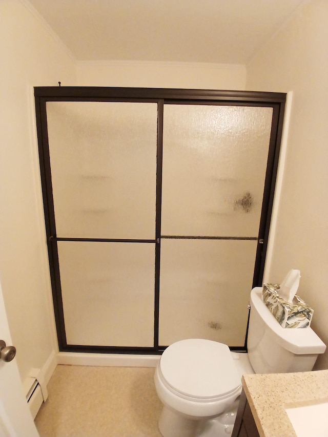 37 Alice Dr Unit 18, Concord, NH 03303 - full bath with vanity, a stall shower, a baseboard radiator, and toilet