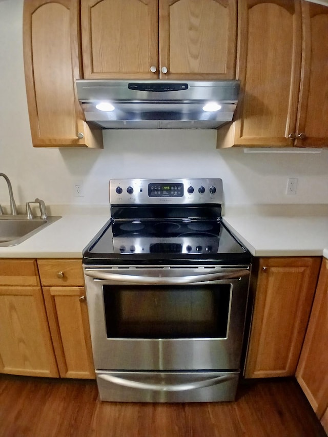 37 Alice Dr Unit 18, Concord, NH 03303 - kitchen featuring stainless steel electric range, exhaust hood, light countertops, a sink, and dark wood-style flooring