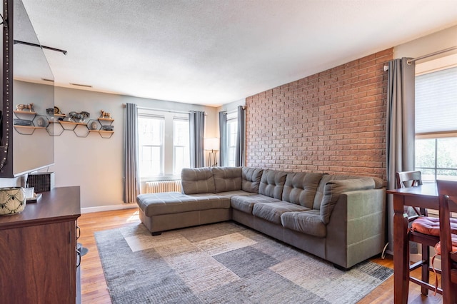 4 Palmer Ave, Plaistow, NH 03865 - living area featuring light wood-type flooring, brick wall, a textured ceiling, radiator heating unit, and baseboards