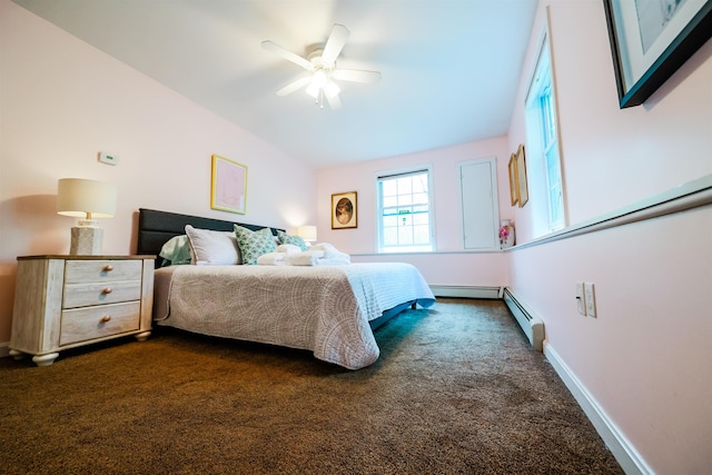 107 Artist Falls Rd, Conway, NH 03860 - bedroom with dark colored carpet, baseboards, a ceiling fan, and a baseboard heating unit