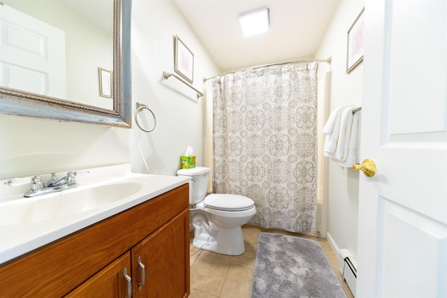 107 Artist Falls Rd, Conway, NH 03860 - full bathroom with a baseboard heating unit, vanity, toilet, tile patterned floors, and a shower with curtain
