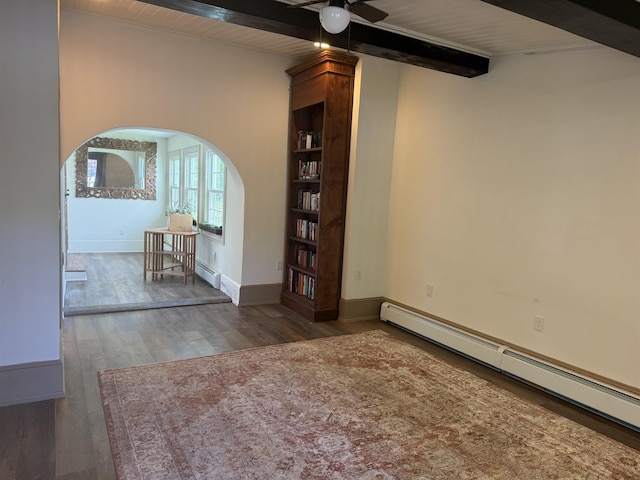 154B Main St, Kingston, NH 03848 - spare room with a baseboard heating unit, wood finished floors, arched walkways, beamed ceiling, and a ceiling fan