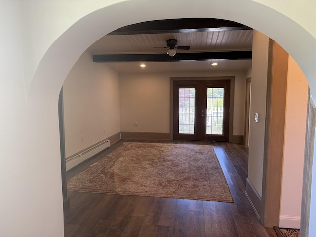 154B Main St, Kingston, NH 03848 - foyer entrance with baseboard heating, dark wood-style flooring, arched walkways, a ceiling fan, and wooden ceiling with exposed beams