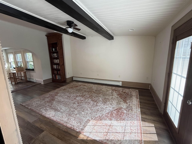 154B Main St, Kingston, NH 03848 - unfurnished room with a baseboard heating unit, arched walkways, ceiling fan, wood finished floors, and baseboards