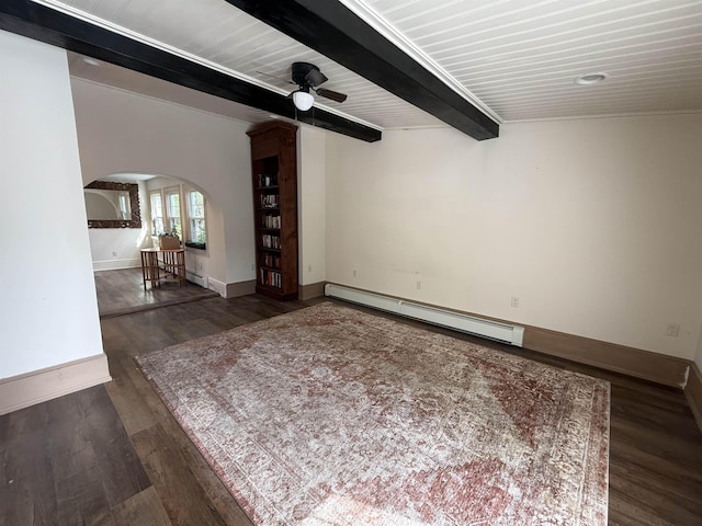 154B Main St, Kingston, NH 03848 - spare room featuring baseboard heating, arched walkways, wood finished floors, a ceiling fan, and baseboards