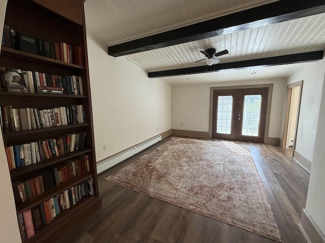 154B Main St, Kingston, NH 03848 - empty room with a baseboard radiator, a ceiling fan, beam ceiling, baseboards, and wood finished floors