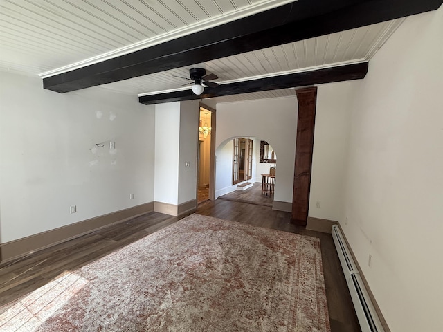 154B Main St, Kingston, NH 03848 - unfurnished living room with arched walkways, wood finished floors, baseboard heating, beamed ceiling, and ceiling fan