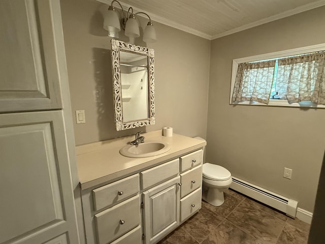 154B Main St, Kingston, NH 03848 - bathroom with a baseboard radiator, vanity, toilet, and ornamental molding
