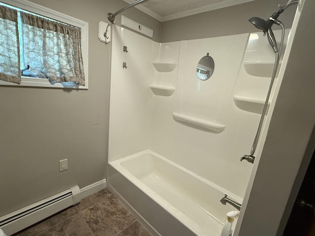 154B Main St, Kingston, NH 03848 - bathroom with a baseboard radiator, baseboards, ornamental molding, and washtub / shower combination