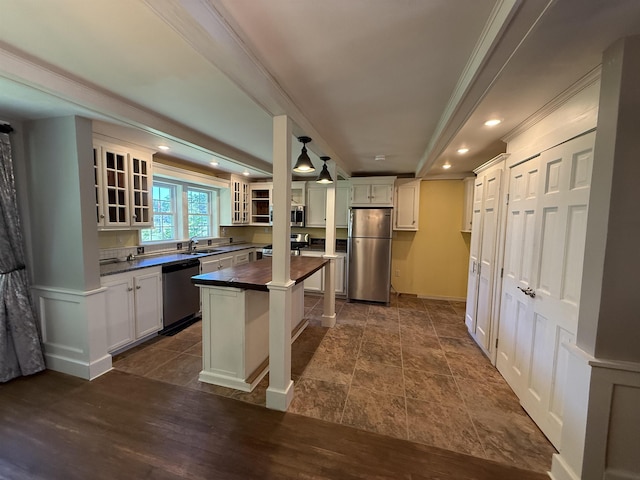 154B Main St, Kingston, NH 03848 - kitchen featuring appliances with stainless steel finishes, crown molding, white cabinets, glass insert cabinets, and recessed lighting