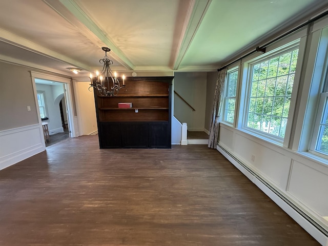 154B Main St, Kingston, NH 03848 - unfurnished dining area featuring a baseboard radiator, a chandelier, healthy amount of natural light, arched walkways, and beamed ceiling