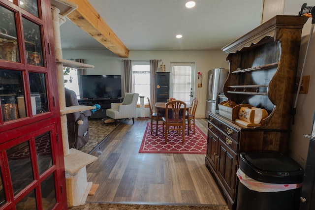 18 State St, Northumberland, NH 03582 - dining space featuring wood finished floors, recessed lighting, and beamed ceiling