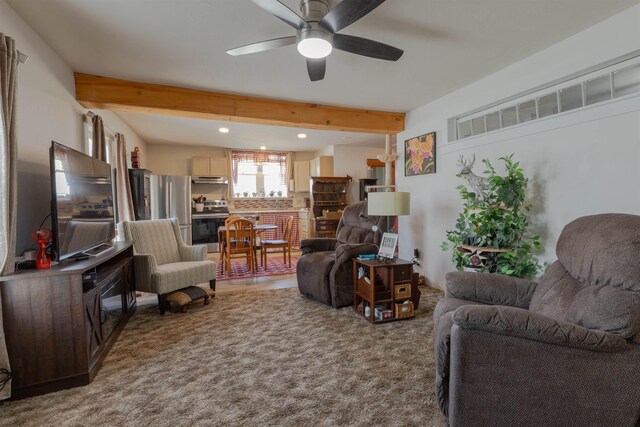 18 State St, Northumberland, NH 03582 - living room with a ceiling fan, recessed lighting, beam ceiling, and carpet floors