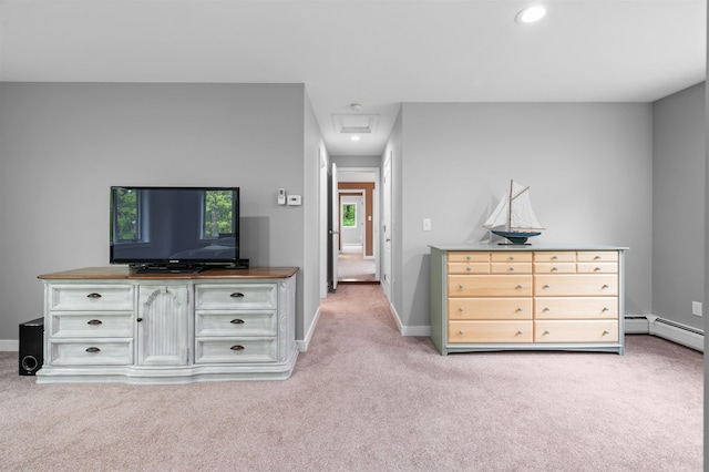 11 Sledding Hill Ln, Lee, NH 03861 - bedroom featuring light carpet, baseboards, recessed lighting, baseboard heating, and attic access