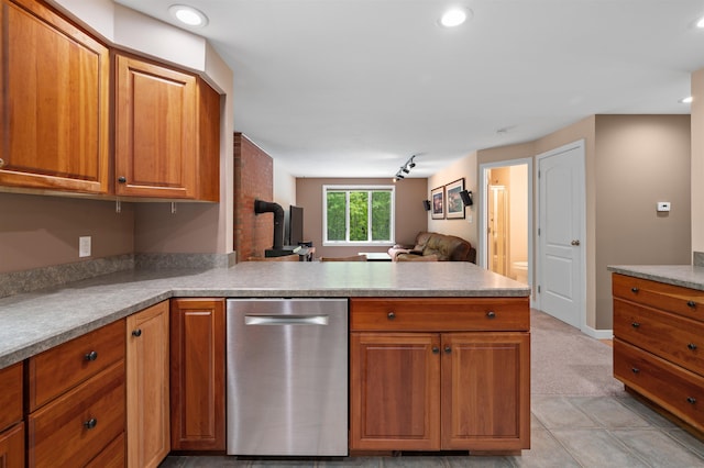 11 Sledding Hill Ln, Lee, NH 03861 - kitchen featuring stainless steel dishwasher, a peninsula, brown cabinetry, recessed lighting, and open floor plan