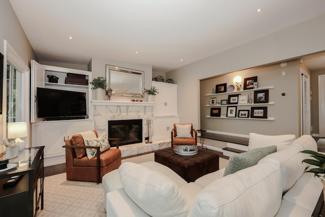 28 Woodvue Rd, Windham, NH 03087 - living room with a premium fireplace, light wood-type flooring, and recessed lighting