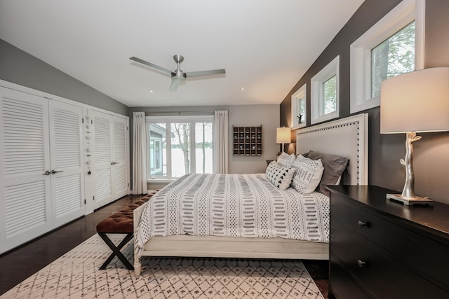 28 Woodvue Rd, Windham, NH 03087 - bedroom with multiple closets, lofted ceiling, wood finished floors, and ceiling fan