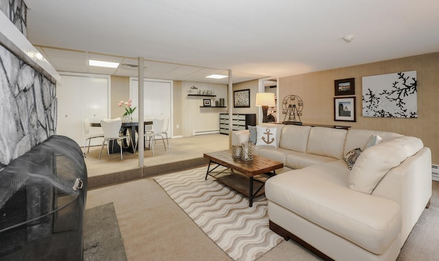 28 Woodvue Rd, Windham, NH 03087 - living area featuring carpet floors, a baseboard radiator, and stairway
