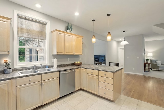 9 Swenson Rd, Bedford, NH 03110 - kitchen with dishwasher, light brown cabinetry, a sink, a peninsula, and recessed lighting