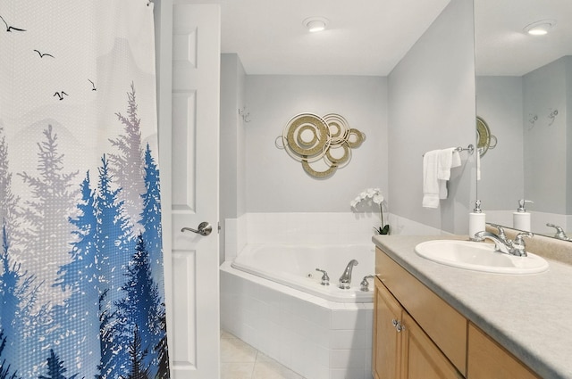 9 Swenson Rd, Bedford, NH 03110 - bathroom with vanity, a garden tub, tile patterned flooring, and curtained shower