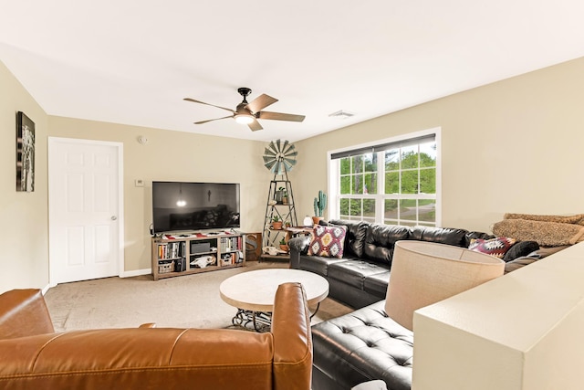 1191 Beech Ridge Rd, North Berwick, ME 03906 - living area with carpet, a ceiling fan, and baseboards