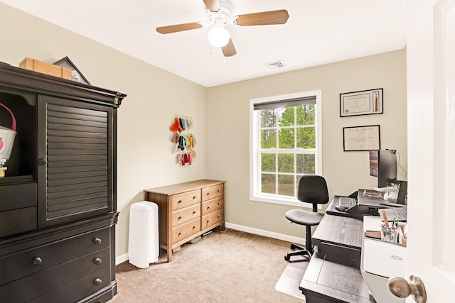 1191 Beech Ridge Rd, North Berwick, ME 03906 - home office featuring ceiling fan, light colored carpet, and baseboards