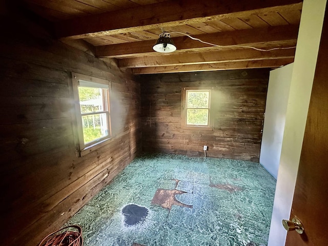 3342 E Hill Rd, Wolcott, VT 05680 - empty room with wood walls, plenty of natural light, and wood ceiling with exposed beams