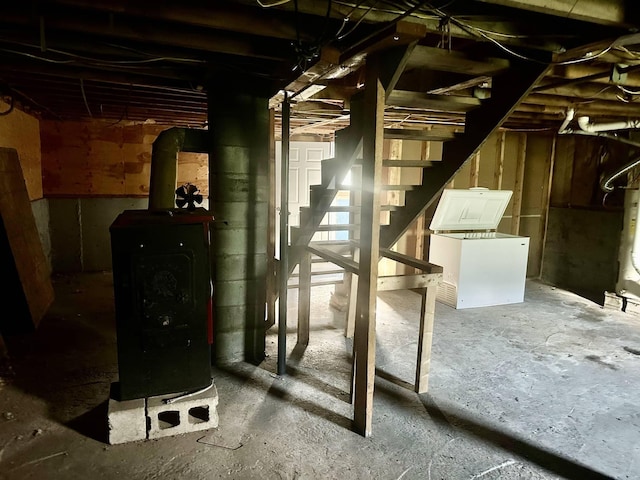 3342 E Hill Rd, Wolcott, VT 05680 - unfinished basement featuring stairway and a wood stove