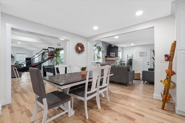 140 S Mast St, Goffstown, NH 03045 - dining area with light wood-type flooring, stairs, and recessed lighting