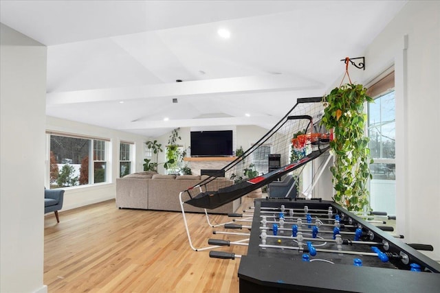140 S Mast St, Goffstown, NH 03045 - recreation room featuring beam ceiling, wood finished floors, and recessed lighting