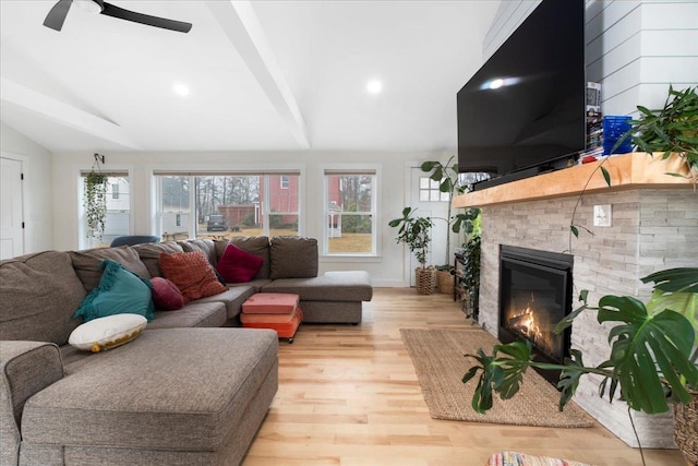 140 S Mast St, Goffstown, NH 03045 - living area with a fireplace, light wood-style floors, a ceiling fan, and recessed lighting