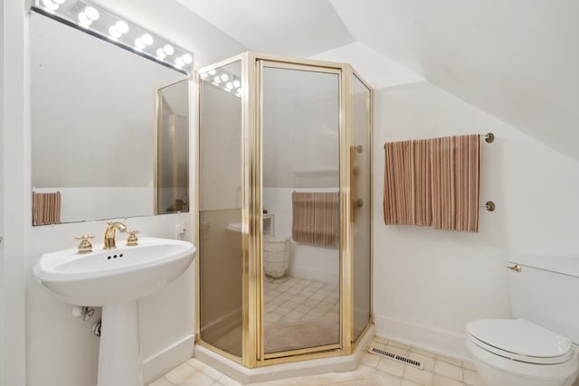 9671 Vt Route 12, Barnard, VT 05031 - full bath featuring lofted ceiling, a stall shower, toilet, and tile patterned flooring