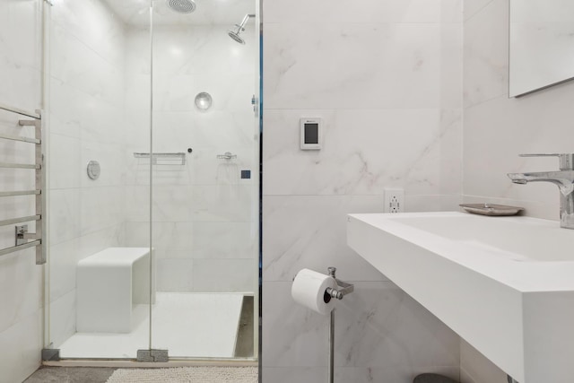 9671 Vt Route 12, Barnard, VT 05031 - full bathroom with a shower stall, vanity, and tile walls
