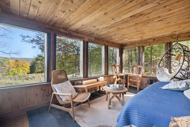 9671 Vt Route 12, Barnard, VT 05031 - sunroom with healthy amount of natural light, wood-type flooring, wooden ceiling, and wooden walls