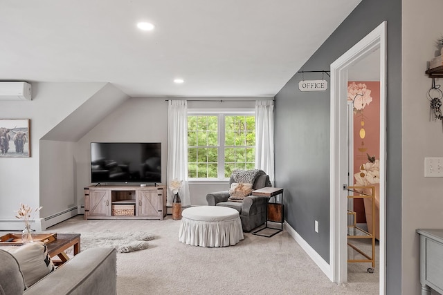 24 Stonewall Dr, Milford, NH 03055 - living area with a wall mounted air conditioner, carpet, baseboard heating, recessed lighting, and baseboards