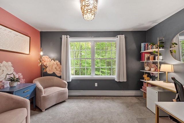 24 Stonewall Dr, Milford, NH 03055 - sitting room featuring a baseboard heating unit, carpet floors, healthy amount of natural light, and a chandelier