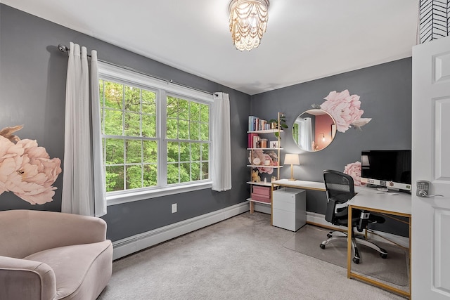 24 Stonewall Dr, Milford, NH 03055 - carpeted office featuring a baseboard heating unit, baseboards, and a chandelier