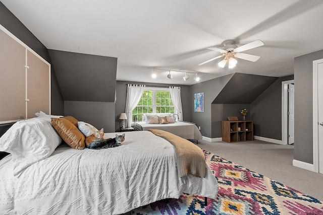 24 Stonewall Dr, Milford, NH 03055 - carpeted bedroom with baseboards, track lighting, a ceiling fan, and vaulted ceiling