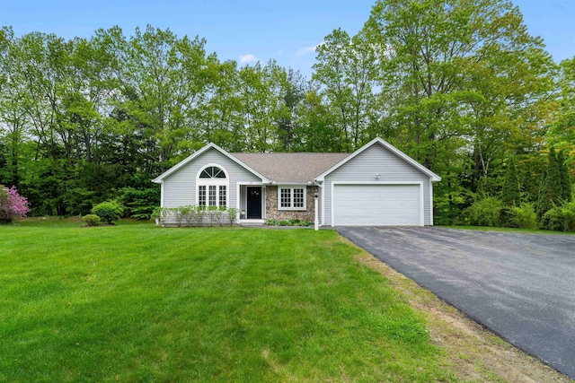 31 Henderson Rd Unit 17, Gilford, NH 03249 - ranch-style house featuring stone siding, a garage, driveway, and a front lawn