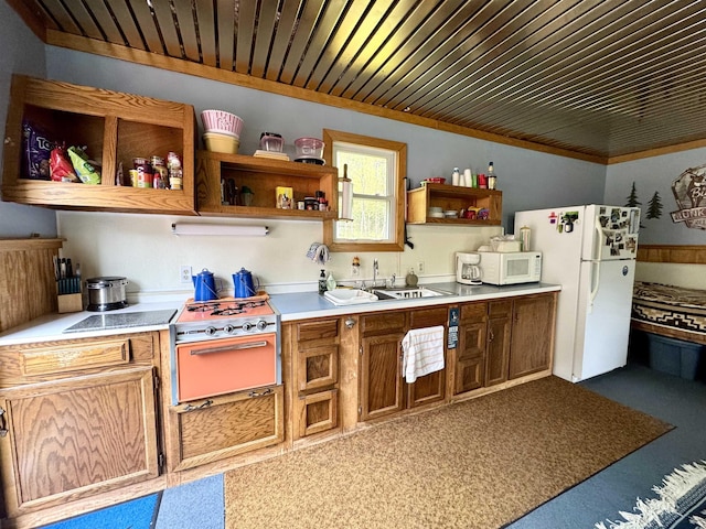106 Philbrook Rd, Pittsburg, NH 03592 - kitchen featuring white appliances, open shelves, a sink, light countertops, and wooden ceiling