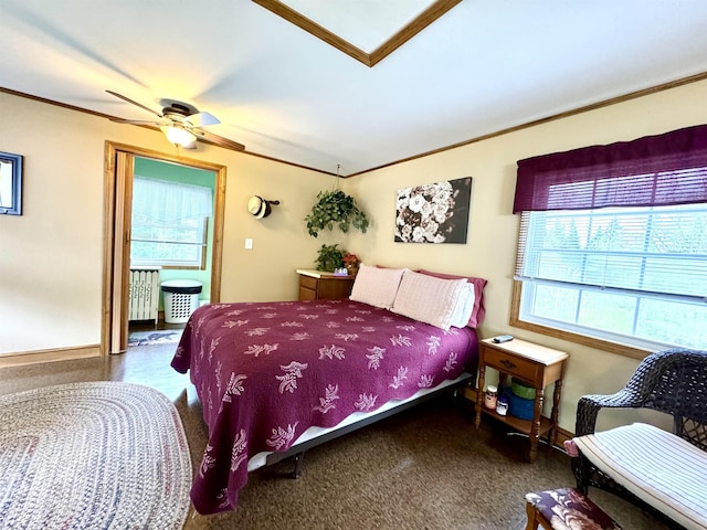 106 Philbrook Rd, Pittsburg, NH 03592 - bedroom featuring crown molding, multiple windows, radiator heating unit, baseboards, and ceiling fan