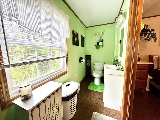 106 Philbrook Rd, Pittsburg, NH 03592 - bathroom with toilet, ornamental molding, baseboards, and vanity