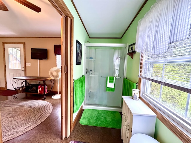 106 Philbrook Rd, Pittsburg, NH 03592 - bathroom featuring a stall shower, toilet, crown molding, baseboards, and ceiling fan
