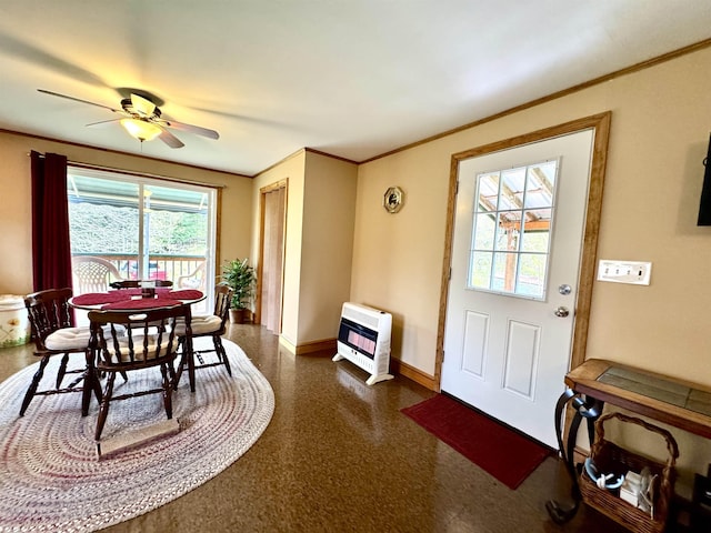 106 Philbrook Rd, Pittsburg, NH 03592 - dining area featuring heating unit, baseboards, ornamental molding, and ceiling fan