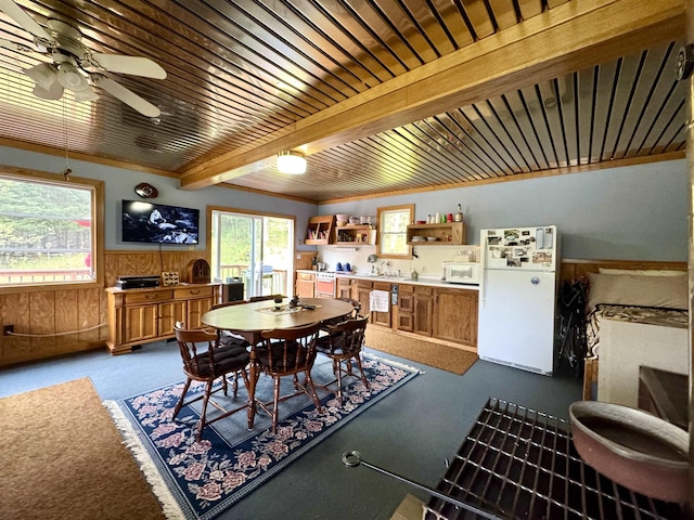 106 Philbrook Rd, Pittsburg, NH 03592 - dining area with ceiling fan, wood walls, and wainscoting